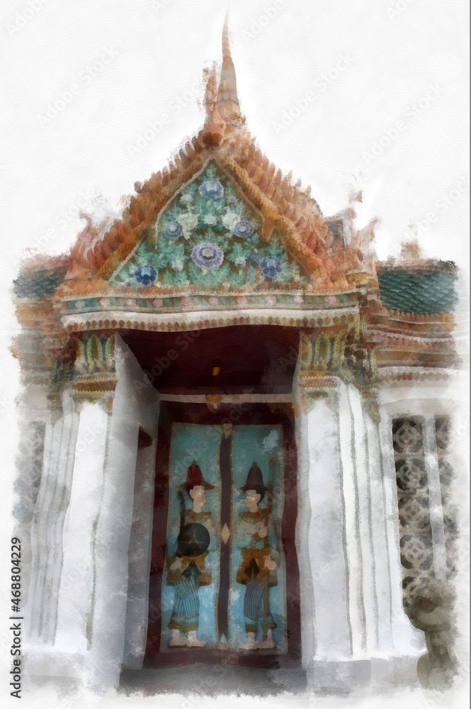 Fototapeta premium The Grand Palace Bangkok Thailand watercolor style illustration impressionist painting.