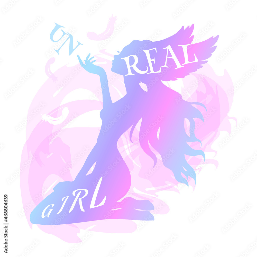 Silhouette of a girl with wings and a feather. Quote for girls. Unreal girl.