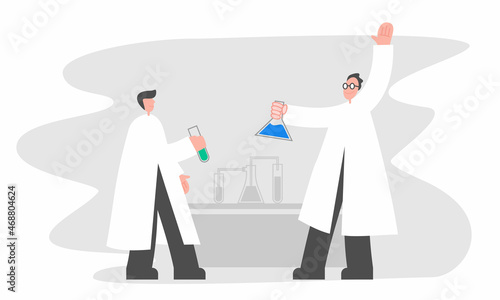 Two scientists holding lab bottles happily. Simple Background Vector Illustration Flat Style