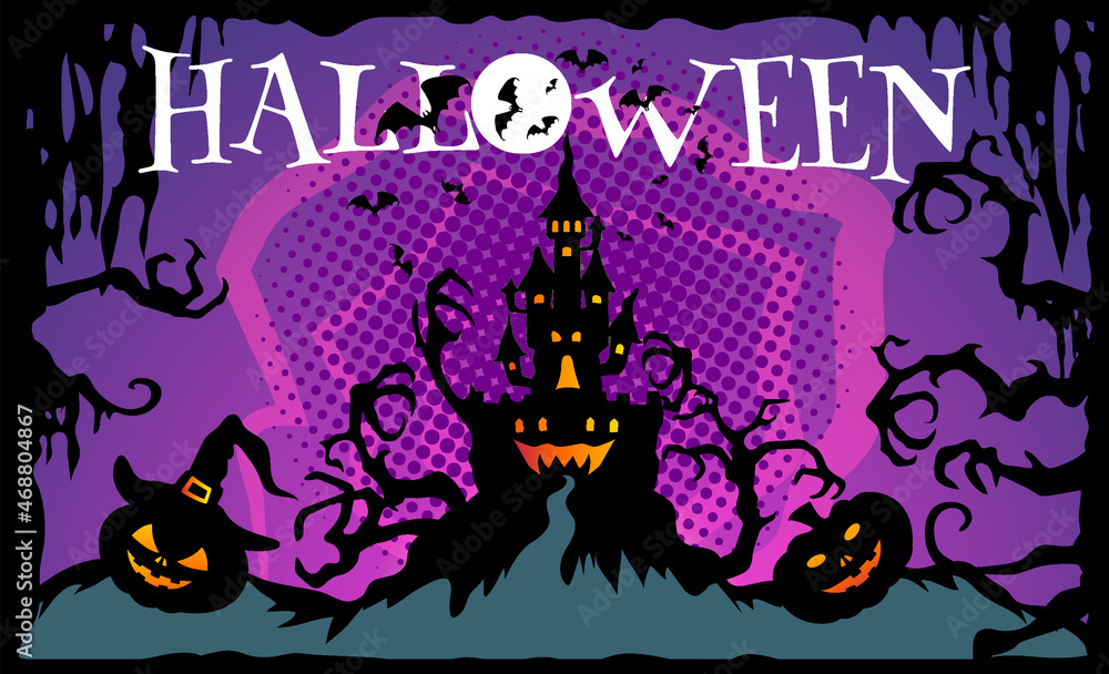 Happy Halloween banner. Pumpkins, bats, a sinister Halloween castle.