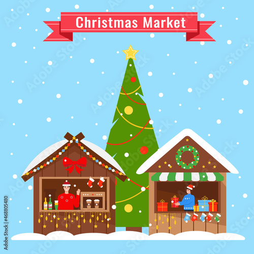 Christmas poster template or greeting card. New Year Market with wooden kiosks and Christmas tree. Festive Shops with gifts, drinks and clothes. Vector illustration.