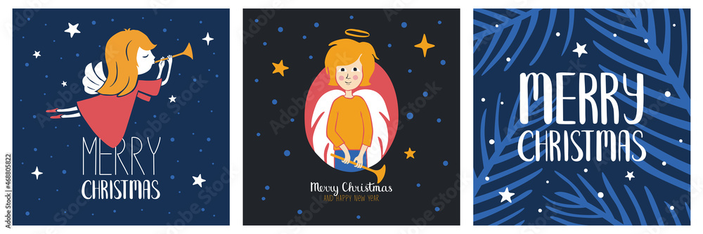 Cute Christmas set. Cozy greeting cards or posters with angels and 