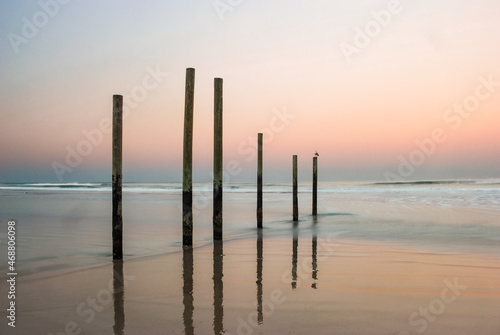 Ocean pilings at sunset on sandy beach with warm pink sky