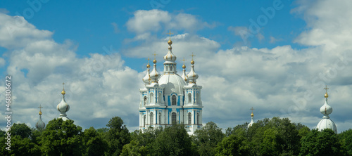 Blue and white church spires in Russia complements the blue and white skies.