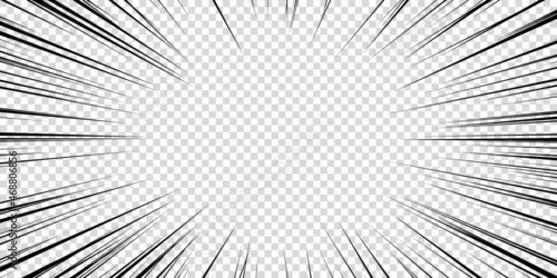 Speed lines as manga comic effect on transparent background. Cartoon anime action background. Vector illustration of blast motion effect or explosion frame. Flash ray blast glow
