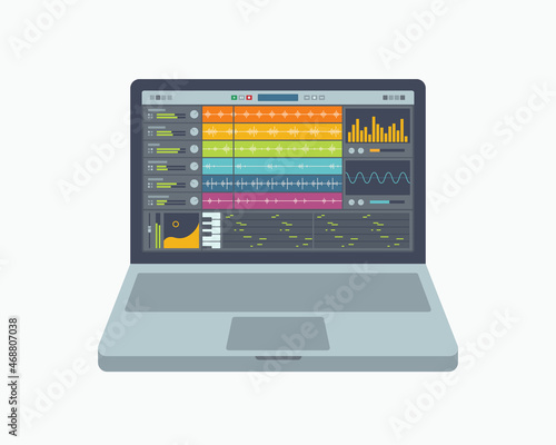 A notebook with a fictional application for creating, production and mixing music. Vector illustration. photo