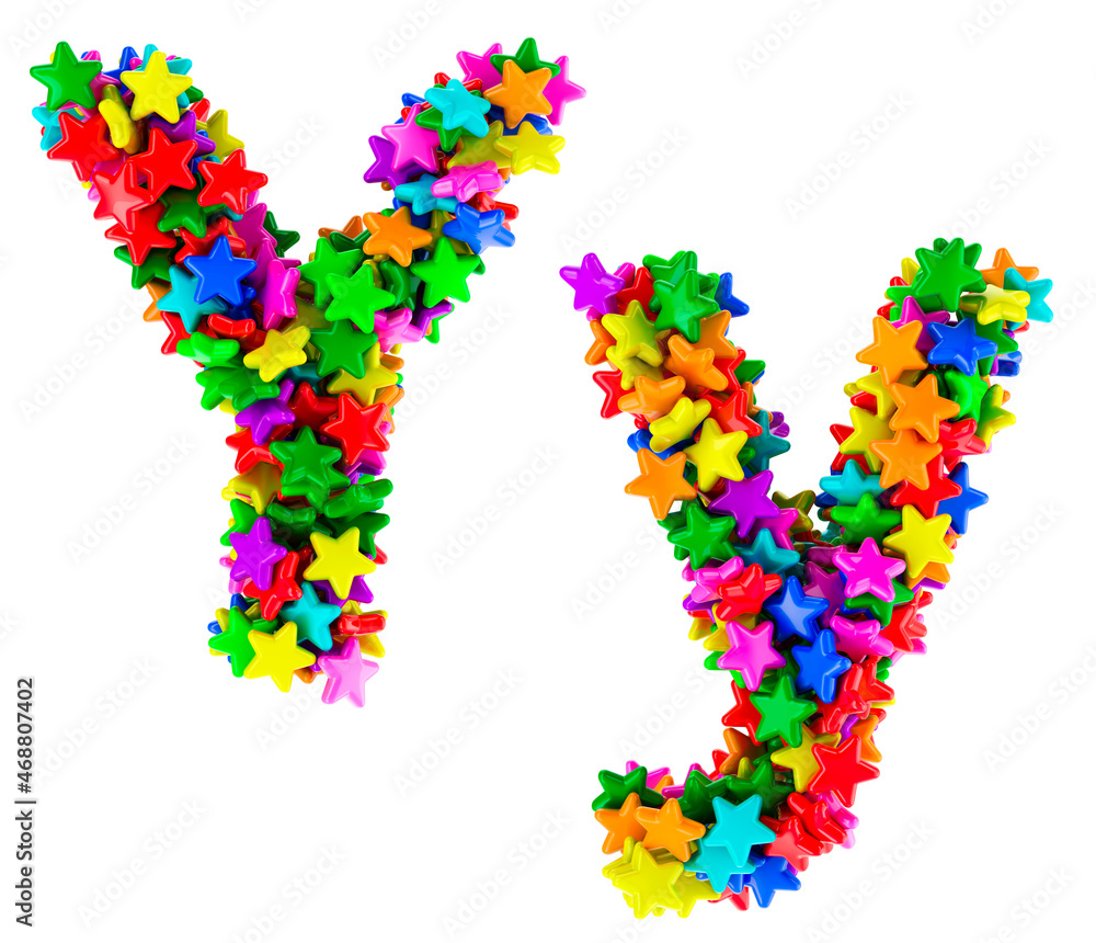 Letter Y from colored stars, uppercase and lowercase letters. 3D rendering