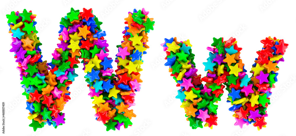 Letter W from colored stars, uppercase and lowercase letters. 3D rendering