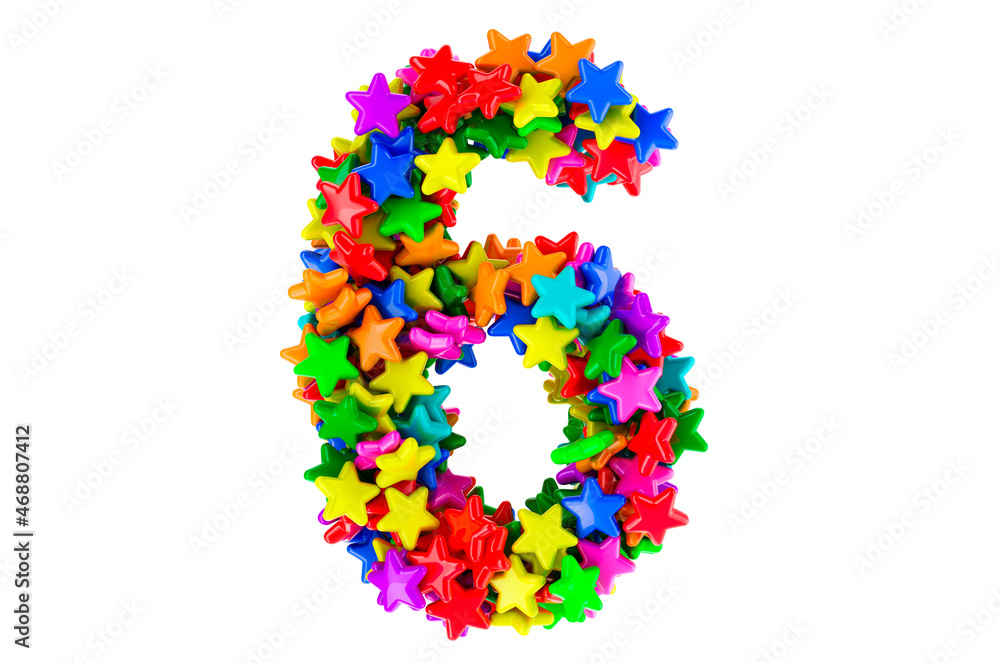 Number 6 from colored stars, 3D rendering