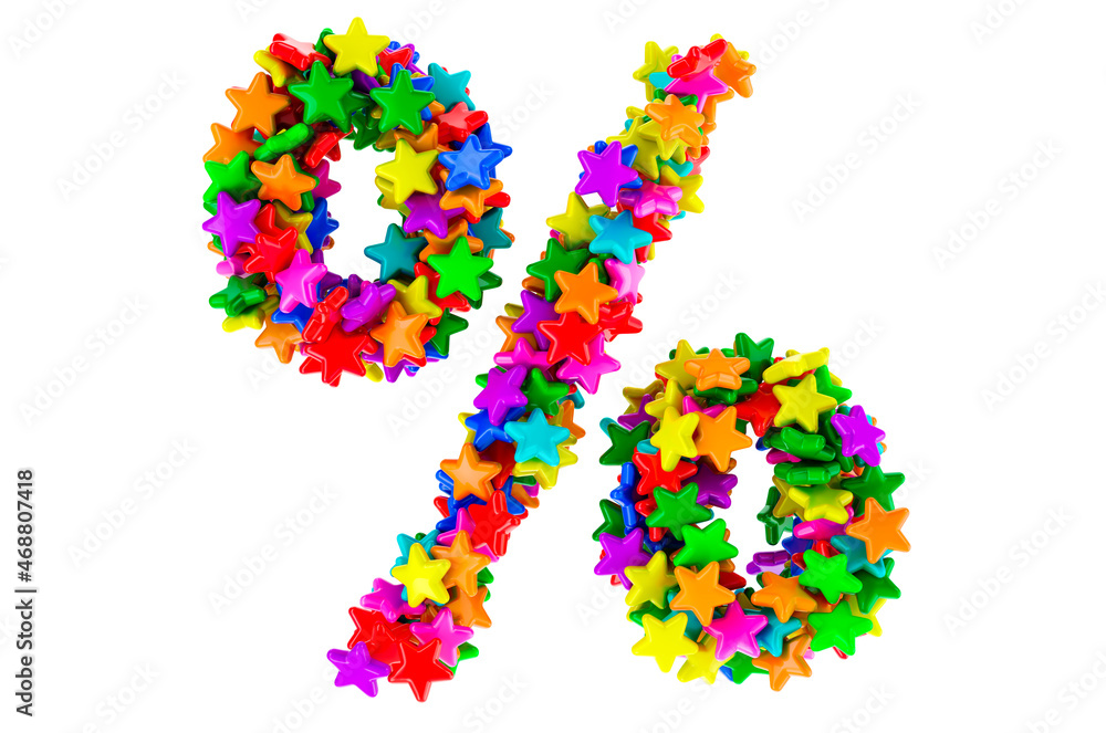 Percent symbol from colored stars, 3D rendering Percent symbol from colored stars, 3D rendering