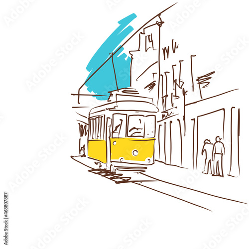 Lisbon city tram drawing coloured sketch