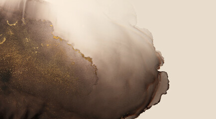Art Abstract  watercolor marble smoke blot painting. Brown and gold Color canvas texture horizontal background. Alcohol ink.