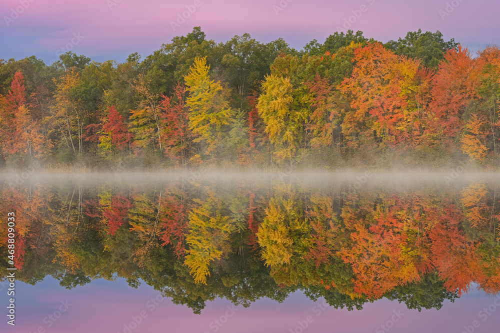Autumn landscape of the shoreline of McDonald Lake at dawn with mirrored reflections in calm water, Yankee Springs State Park, Michigan, USA