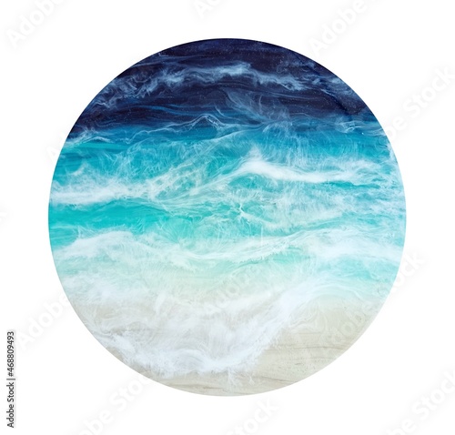 Top view on beach, sea wave, white foam, beige sand. Sea resin, Resin art. Close-up of blue, azure, turquoise color of water, shore. Trendy painting, summer sunny beach, seascape. Round icon
