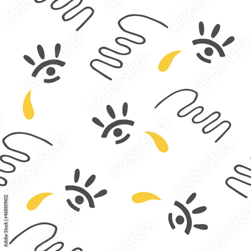 Catchy and bright minimalistic vector pattern. Abstract cartoon images of eyes, splashes or drops in contrasting colors on a white background. Modern and versatile pattern or print