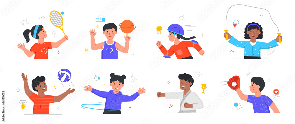Happy children playing sport game. Set of boys and girls playing basketball, volleyball. Characters rollerblade, spin hoop and perform exercises. Cartoon flat vector collection isolated on white Happy children playing sport game. Set of boys and girls playing basketball, volleyball. Characters rollerblade, spin hoop and perform exercises. Cartoon flat vector collection isolated on white