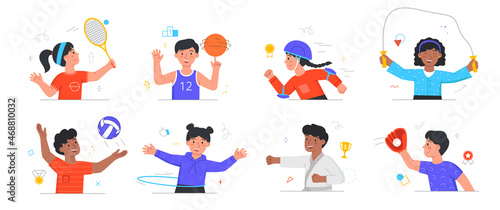 Happy children playing sport game. Set of boys and girls playing basketball, volleyball. Characters rollerblade, spin hoop and perform exercises. Cartoon flat vector collection isolated on white