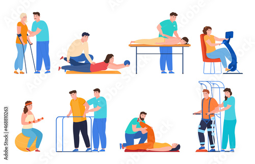 Rehabilitation people after illness set vector flat illustration physical injury recovering