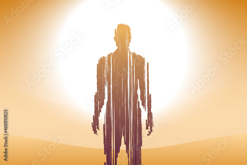 Surrealistic concept illustration with a transparent man standing in the desert, in front of a bright sun. Abstract spiritual vector background.