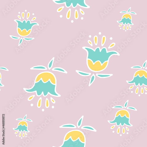 Delicate pink minimalistic vector pattern. The ornament is in the form of flowers of delicate pink and blue flowers with petals consisting of smooth contours. Abstract universal image