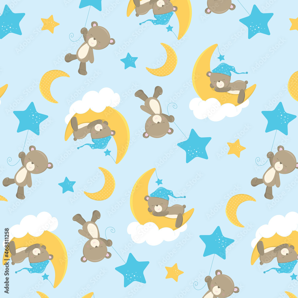 Blue background with teddy bears with stars and moon. prints for children's pajamas. Blue background with teddy bears with stars and moon. prints for children's pajamas.