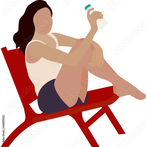 mujer sentada en una silla, mostrando la crema para el cuerpo. Moda. Cuidado de la piel. Fondo transparente