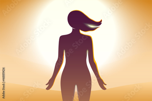Beautiful naked woman with long hair, relaxing in front of bright sun, on a desert landscape background. Mental health, mediation, spiritual therapy concept vector illustration.