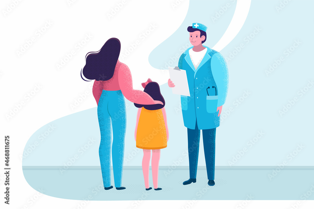 Pediatric and child with mother. Girl making a checkup at the doctor’s office. Doctor with stethoscope says the diagnosis. Happy patients. Vector stock illustration isolated. Flat style.