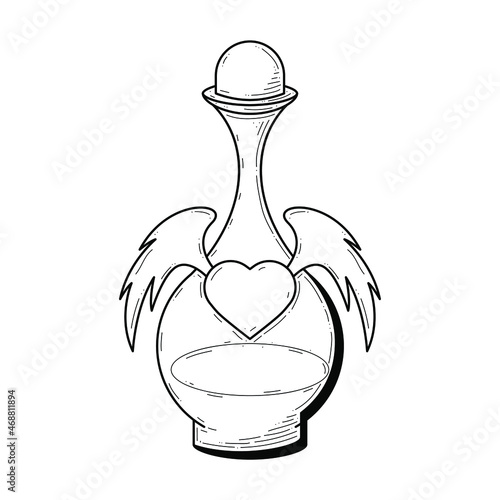 Black Simple Line Glass Flask Doodle Outline Potion Drink Elixir Liquid Heart With Wings Element Vector Design Style Sketch Isolated Illustration Magic Witchcraft