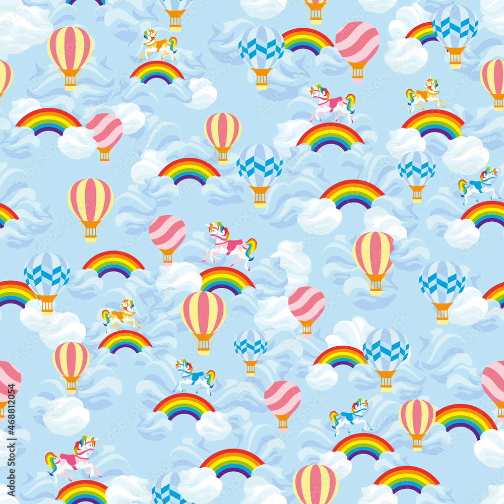 Obraz premium Vector Cotton Candy Clouds Hot air Balloons Rainbows and Unicorns seamless pattern background. Perfect for fabric, scrapbooking, wallpaper projects