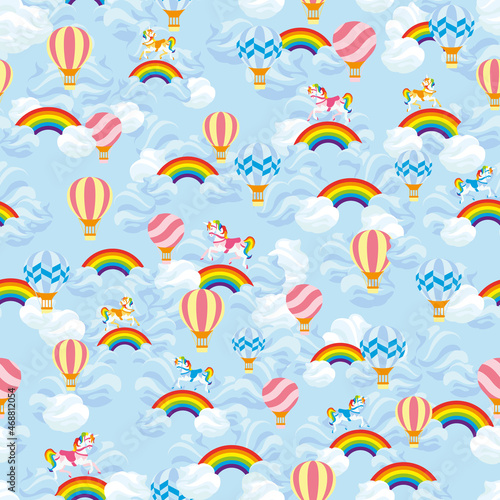 Vector Cotton Candy Clouds Hot air Balloons Rainbows and Unicorns seamless pattern background. Perfect for fabric  scrapbooking  wallpaper projects