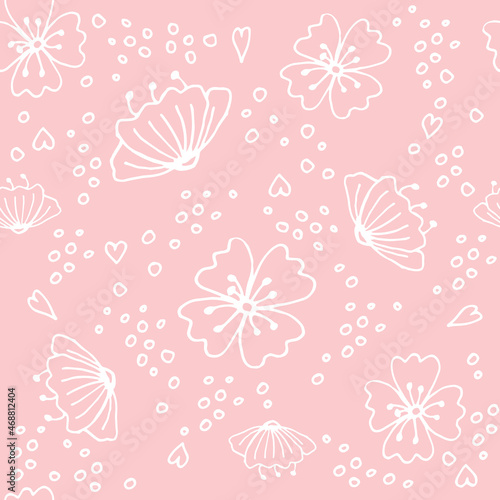 Cute hand drawn graphic floral and herbal elements. Doodle vector illustration for wedding design and greeting card. seamless pattern pink and white