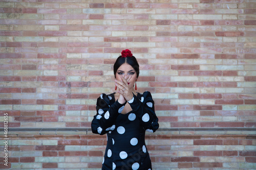 Spanish, beautiful, brunette flamenco dancer in a typical flamenco dress with white polka dots. She is dancing on a background of brown bricks in Seville.Flamenco concept cultural heritage of humanity
