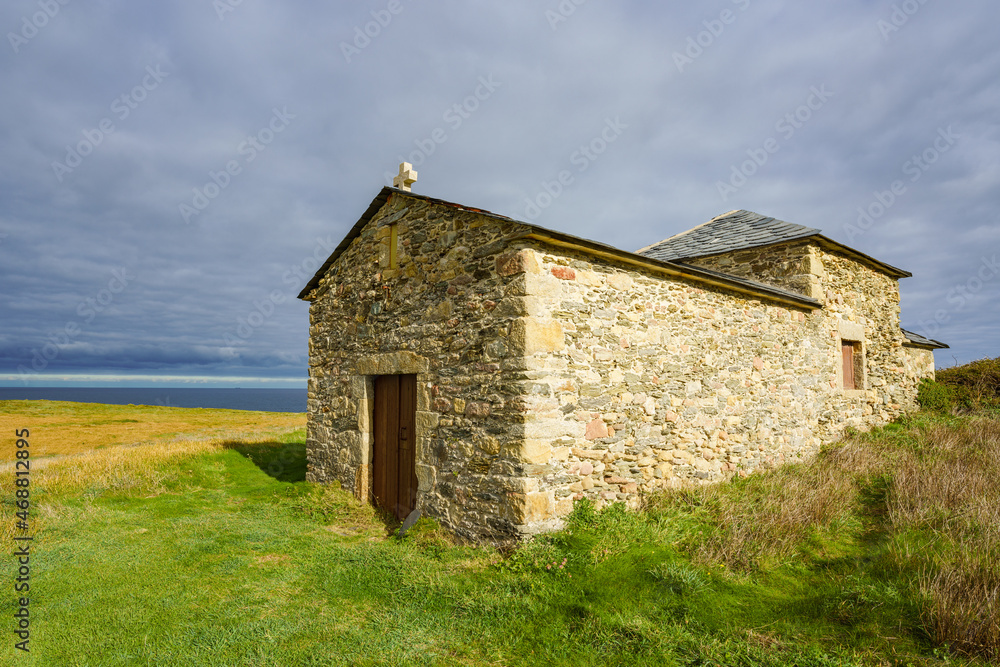 Santa Comba hermitge Christian chapel by Atlantic Ocean in Galicia, Spain