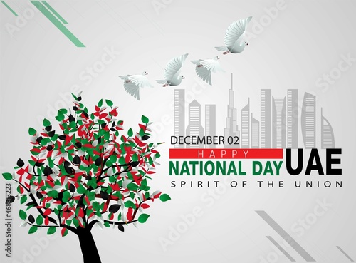 happy national day uae pigeon flying with colorful UAE flag tree. vector illustration design