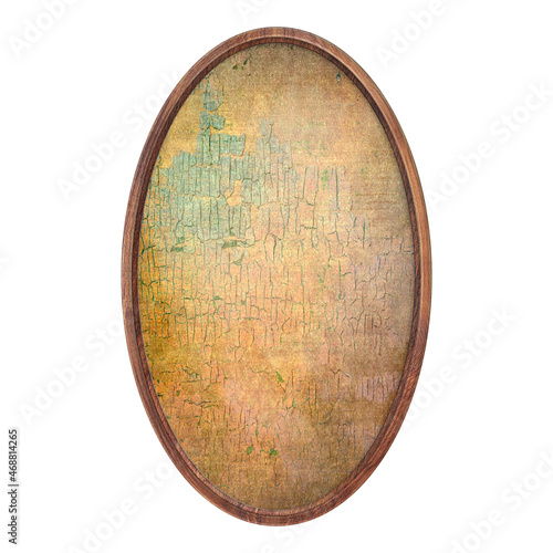 Wooden frame. Empty oval frame with texture of old tinted shabby paper isolated on white background. Round blank frame. Signboard mockup. Old frame.