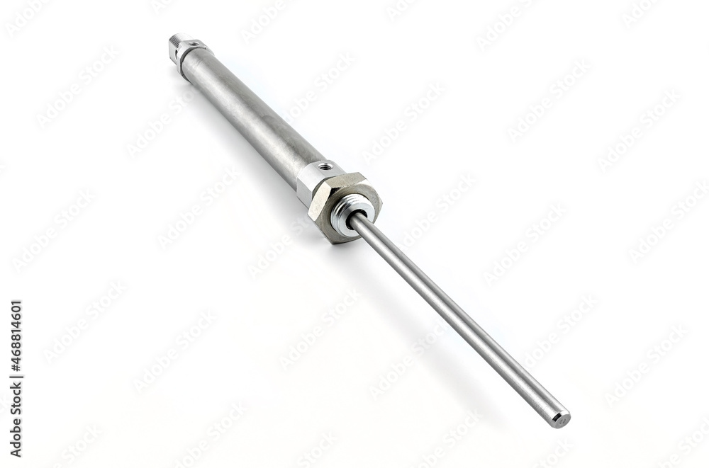 A close up photo of a pneumatic air cylinder with no thread on the end, isolated on a white background. A close up photo of a pneumatic air cylinder with no thread on the end, isolated on a white background.