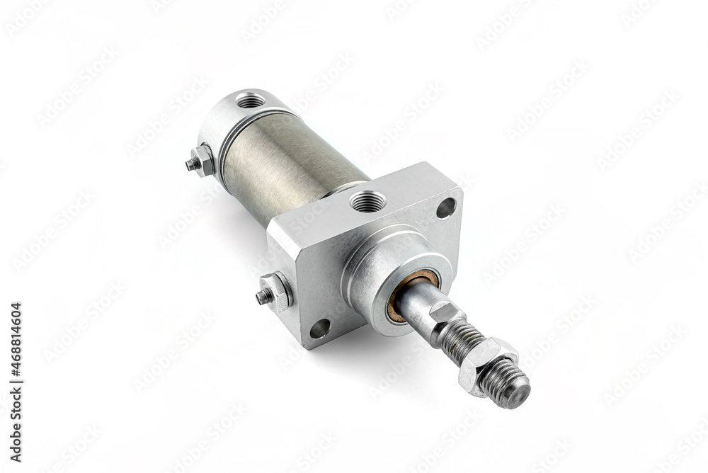 Closeup photo of a pneumatic air cylinder with a thread and nut on the ...