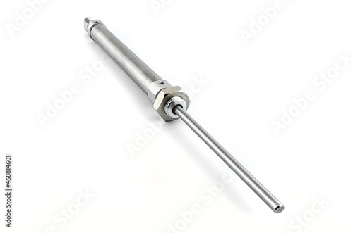 A close up photo of a pneumatic air cylinder with no thread on the end, isolated on a white background. © Michal