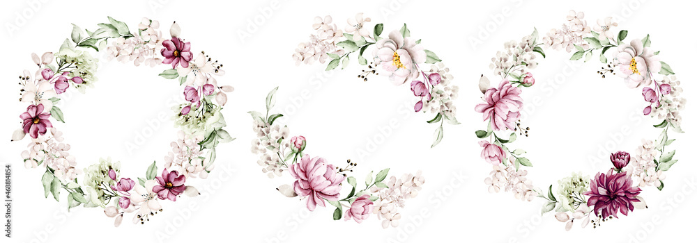 Wreaths, floral frames, watercolor flowers pink peonies, Illustration ...