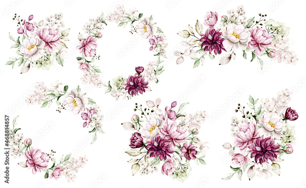 Wreath, bouquet, floral frame, watercolor flowers pink peonies, Illustration hand painted. Isolated on white background. Perfectly for greeting card design.