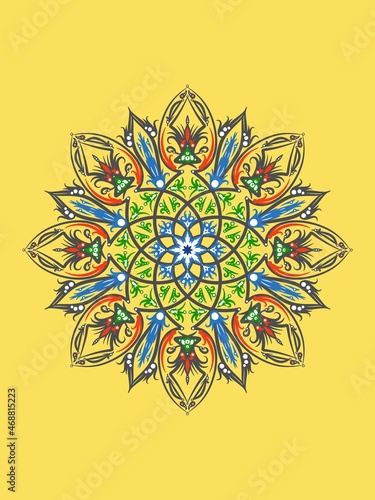Mandala decoration ornament, isolated design element background. Tribal ethnic fashion motif for paper, textile, cloth fabric print. Digital art illustration