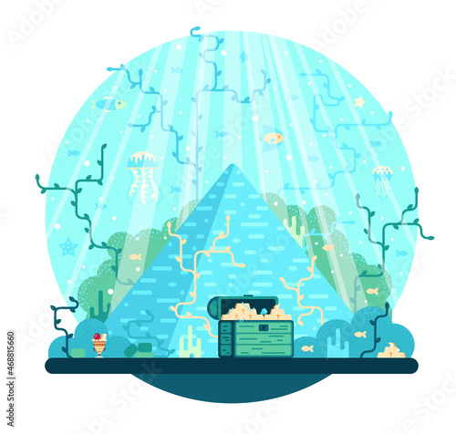Stone pyramid under water, atlantis - remains of an ancient civilization. Treasure chest on the seabed - vector cartoon illustration in game design