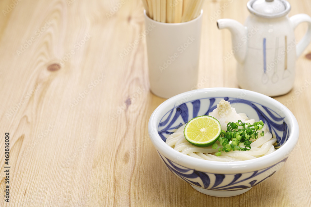 Hiyaoroshi Udon, chilled udon noodles with grated daikon radish and dashi soup. Japanese food Hiyaoroshi Udon, chilled udon noodles with grated daikon radish and dashi soup. Japanese food