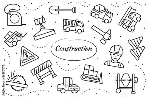 Construction set. Working tools. Simple linear vector icons.