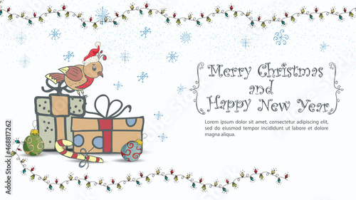 Christmas and New Years illustration for design inscription congratulations in a frame a little bird in a Santa Claus hat sits on gifts