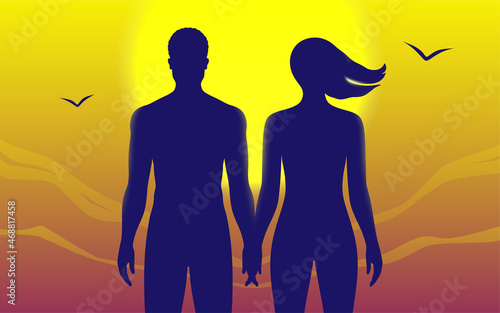 Young couple holding each others hands on sunset, or sunrise peaceful landscape background with a big bright sun and flying birds. Adam and Eve concept vector illustration.