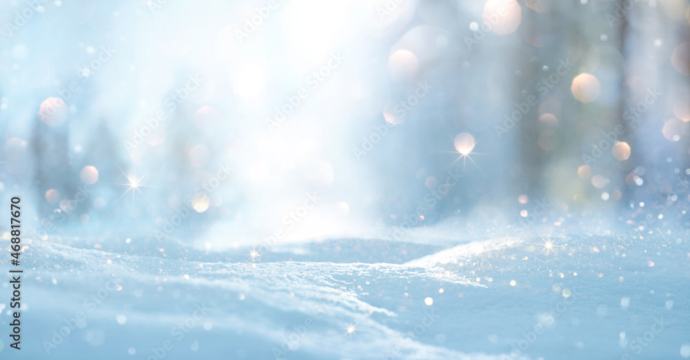 Winter Landscape with Snowflakes and Bright Bokeh