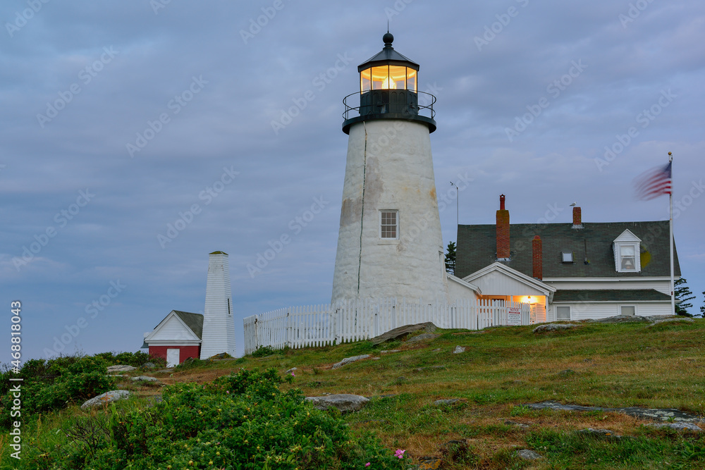 The famous Pemaquid Lighthouse on the Maine Coast in pre-dawn light.