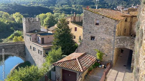 Beautiful medieval  town in Europe Besalú fortified castle old construction bridges and towers Catalan Pyrenees tourism Barcelona